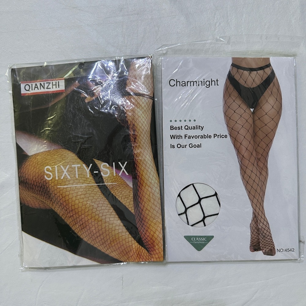 Qianzhi Charmnight Black Fishnet Tights 2-Pack S-XXXL Wide Hole Grunge Goth Alt